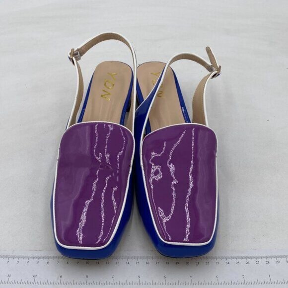 YDN Blue and Purple Closed Square Toe Block Low Heels Slingback Loafer Shoes - Picture 3 of 8